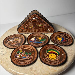 Medellin Columbia 5 PC Coaster Set Embossed Wood Leather‎ Painted Souvenir